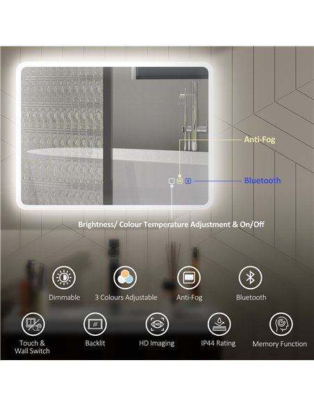 HOMCOM 60 x 80 cm Backlit Illuminated Bathroom Mirror with LED Lights and Bluetooth - Silver Tone - pic 161502 | FastDaddyshop