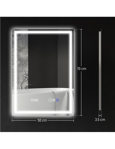 HOMCOM 50 x 70 cm Anti-Fog LED Bathroom Mirror, with Bluetooth and Clock - Silver Tone