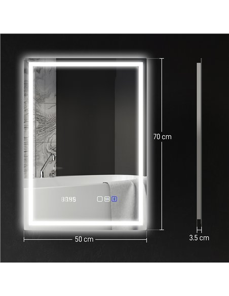 HOMCOM 50 x 70 cm Anti-Fog LED Bathroom Mirror, with Bluetooth and Clock - Silver Tone - pic 161510 | FastDaddyshop