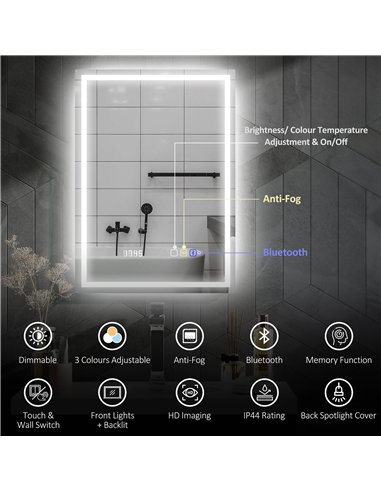 HOMCOM 50 x 70 cm Anti-Fog LED Bathroom Mirror, with Bluetooth and Clock - Silver Tone