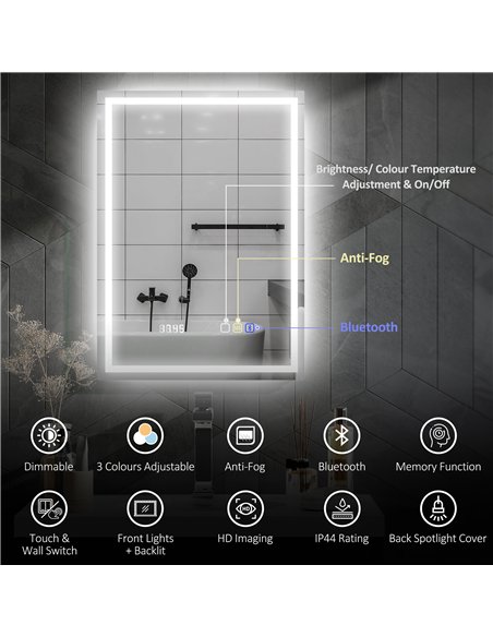 HOMCOM 50 x 70 cm Anti-Fog LED Bathroom Mirror, with Bluetooth and Clock - Silver Tone - pic 161511 | FastDaddyshop