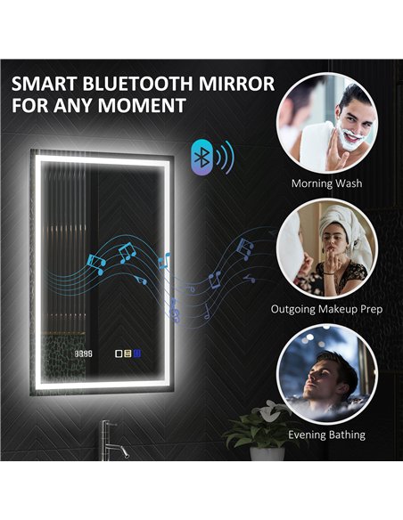 HOMCOM 50 x 70 cm Anti-Fog LED Bathroom Mirror, with Bluetooth and Clock - Silver Tone - pic 161512 | FastDaddyshop