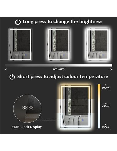 HOMCOM 50 x 70 cm Anti-Fog LED Bathroom Mirror, with Bluetooth and Clock - Silver Tone
