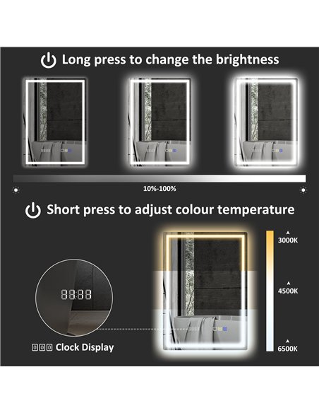 HOMCOM 50 x 70 cm Anti-Fog LED Bathroom Mirror, with Bluetooth and Clock - Silver Tone - pic 161513 | FastDaddyshop