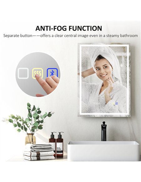 HOMCOM 50 x 70 cm Anti-Fog LED Bathroom Mirror, with Bluetooth and Clock - Silver Tone - pic 161514 | FastDaddyshop