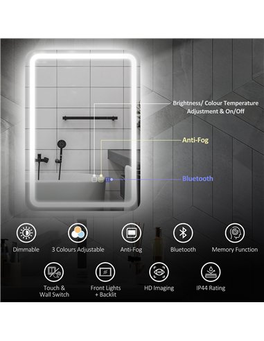 HOMCOM 50 x 70 cm Bluetooth LED Bathroom Mirror with Anti-Fog - Silver Tone