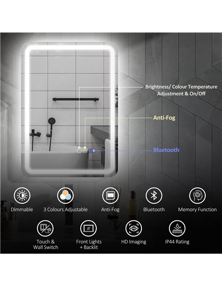 HOMCOM 50 x 70 cm Bluetooth LED Bathroom Mirror with Anti-Fog - Silver Tone - pic 161520 | FastDaddyshop