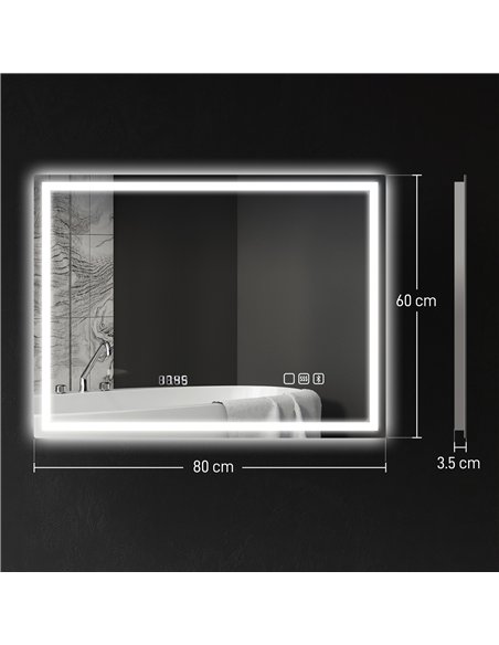 HOMCOM 60 x 80 cm Anti-Fog LED Bathroom Mirror, with Bluetooth and Clock - Silver Tone - pic 161528 | FastDaddyshop