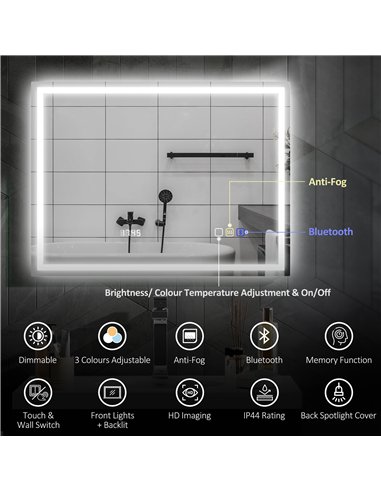 HOMCOM 60 x 80 cm Anti-Fog LED Bathroom Mirror, with Bluetooth and Clock - Silver Tone