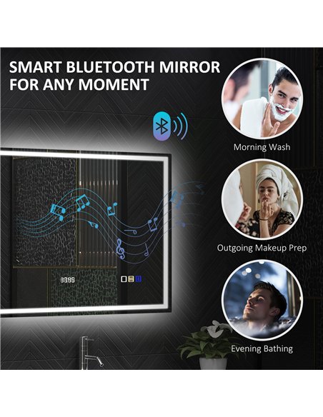 HOMCOM 60 x 80 cm Anti-Fog LED Bathroom Mirror, with Bluetooth and Clock - Silver Tone - pic 161530 | FastDaddyshop