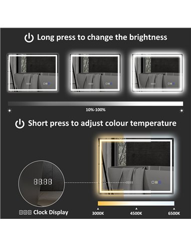 HOMCOM 60 x 80 cm Anti-Fog LED Bathroom Mirror, with Bluetooth and Clock - Silver Tone