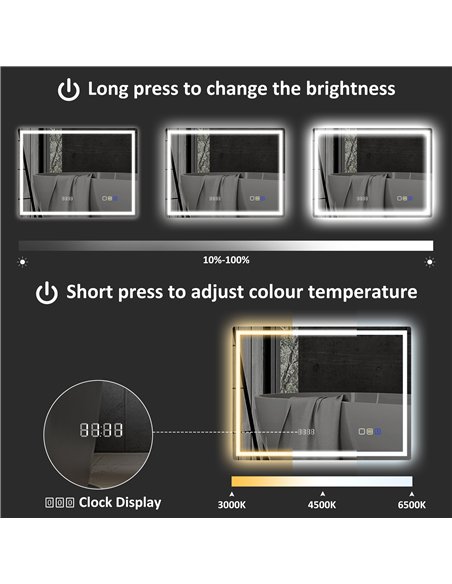HOMCOM 60 x 80 cm Anti-Fog LED Bathroom Mirror, with Bluetooth and Clock - Silver Tone - pic 161531 | FastDaddyshop