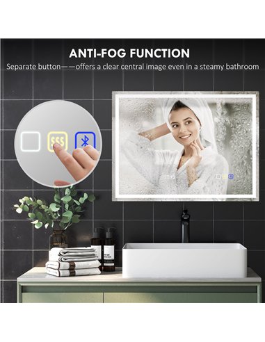 HOMCOM 60 x 80 cm Anti-Fog LED Bathroom Mirror, with Bluetooth and Clock - Silver Tone