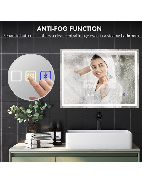 HOMCOM 60 x 80 cm Anti-Fog LED Bathroom Mirror, with Bluetooth and Clock - Silver Tone - pic 161532 | FastDaddyshop