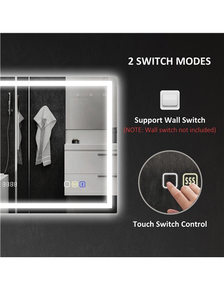 HOMCOM 60 x 80 cm Anti-Fog LED Bathroom Mirror, with Bluetooth and Clock - Silver Tone - pic 161534 | FastDaddyshop