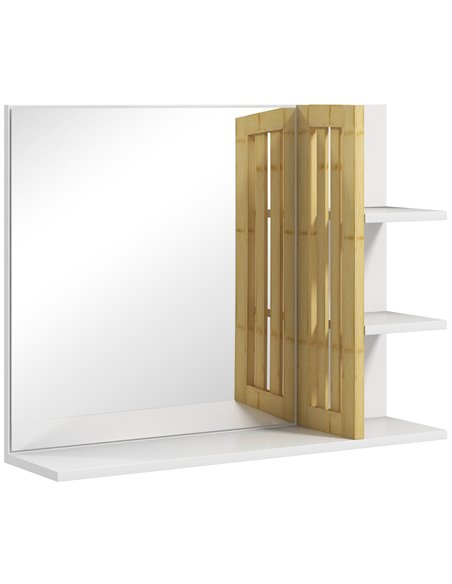 HOMCOM Bamboo Panel Bathroom Mirror, with Shelves - White - pic 161535 | FastDaddyshop