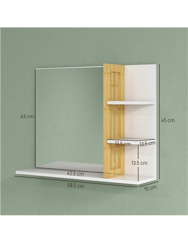 HOMCOM Bamboo Panel Bathroom Mirror, with Shelves - White