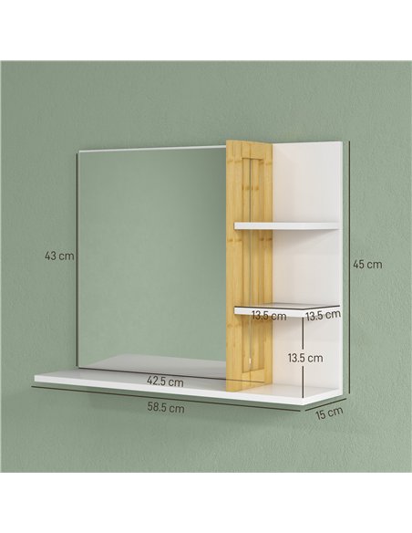 HOMCOM Bamboo Panel Bathroom Mirror, with Shelves - White - pic 161537 | FastDaddyshop