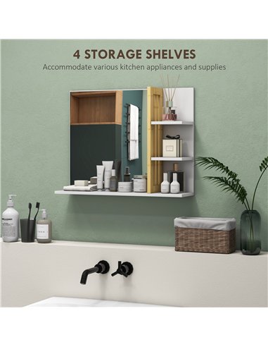HOMCOM Bamboo Panel Bathroom Mirror, with Shelves - White