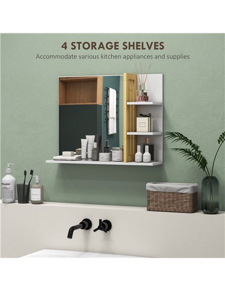 HOMCOM Bamboo Panel Bathroom Mirror, with Shelves - White - pic 161538 | FastDaddyshop