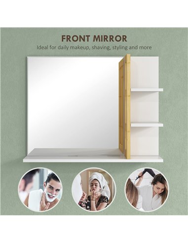 HOMCOM Bamboo Panel Bathroom Mirror, with Shelves - White