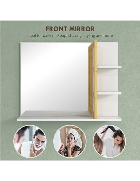 HOMCOM Bamboo Panel Bathroom Mirror, with Shelves - White - pic 161539 | FastDaddyshop