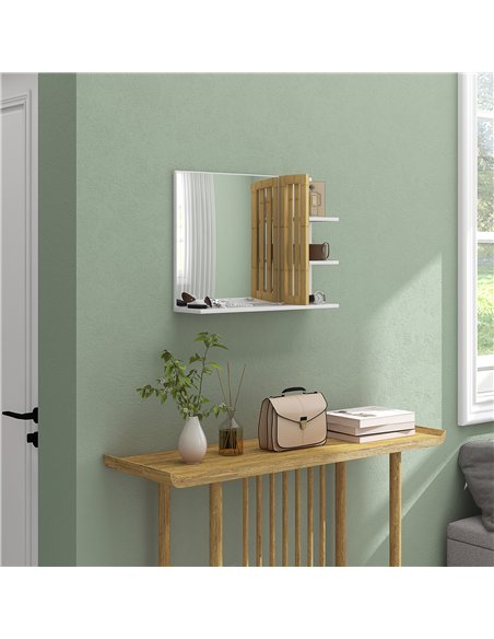 HOMCOM Bamboo Panel Bathroom Mirror, with Shelves - White - pic 161541 | FastDaddyshop
