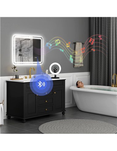 HOMCOM 60 x 80 cm Bluetooth LED Bathroom Mirror with Clock Anti-Fog - Silver Tone
