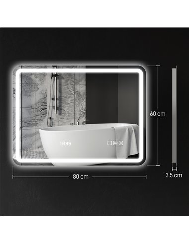 HOMCOM 60 x 80 cm Bluetooth LED Bathroom Mirror with Clock Anti-Fog - Silver Tone