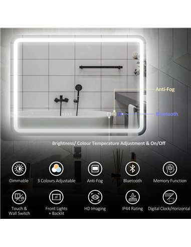 HOMCOM 60 x 80 cm Bluetooth LED Bathroom Mirror with Clock Anti-Fog - Silver Tone