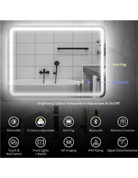 HOMCOM 60 x 80 cm Bluetooth LED Bathroom Mirror with Clock Anti-Fog - Silver Tone - pic 161547 | FastDaddyshop