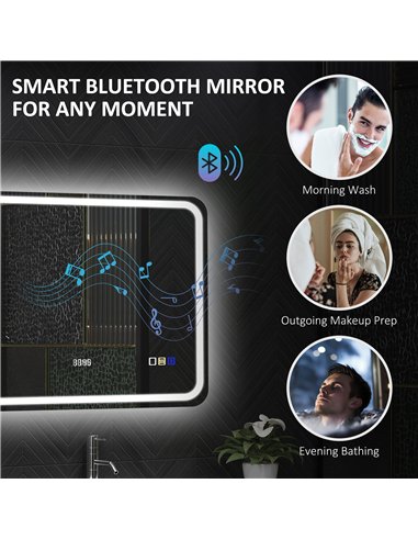 HOMCOM 60 x 80 cm Bluetooth LED Bathroom Mirror with Clock Anti-Fog - Silver Tone