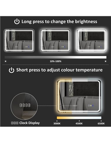 HOMCOM 60 x 80 cm Bluetooth LED Bathroom Mirror with Clock Anti-Fog - Silver Tone