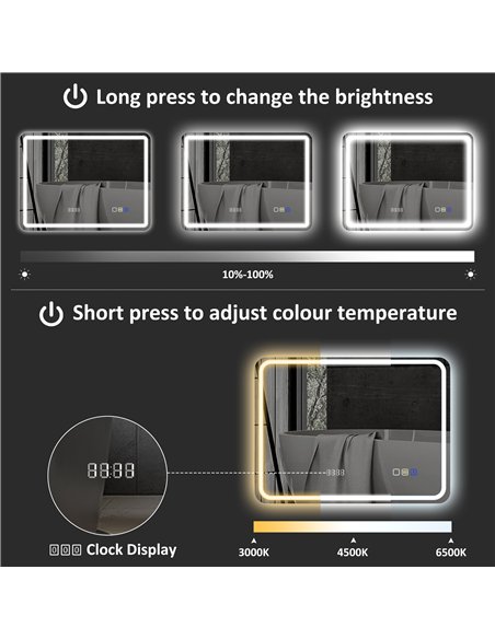 HOMCOM 60 x 80 cm Bluetooth LED Bathroom Mirror with Clock Anti-Fog - Silver Tone - pic 161549 | FastDaddyshop