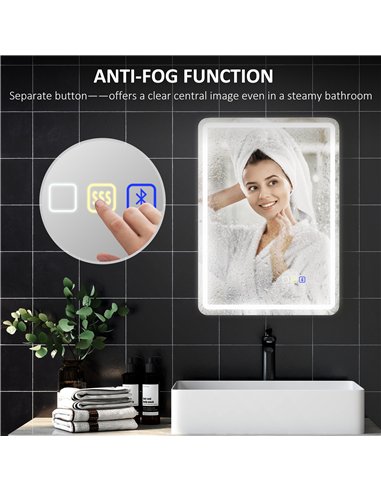 HOMCOM 60 x 80 cm Bluetooth LED Bathroom Mirror with Clock Anti-Fog - Silver Tone
