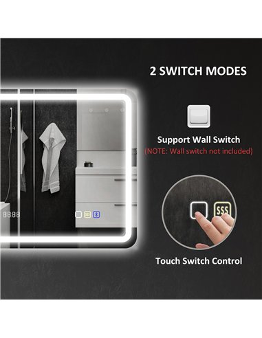 HOMCOM 60 x 80 cm Bluetooth LED Bathroom Mirror with Clock Anti-Fog - Silver Tone