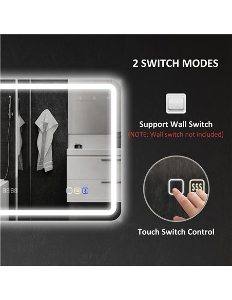 HOMCOM 60 x 80 cm Bluetooth LED Bathroom Mirror with Clock Anti-Fog - Silver Tone - pic 161552 | FastDaddyshop