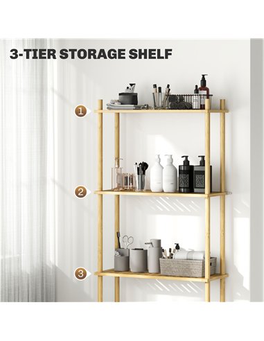 HOMCOM Bamboo Over Toilet Storage Unit with 3 Slatted Shelves, 3-Tier Freestanding Bathroom Shelf, Bathroom Space Saver, Natural