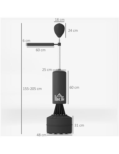 HOMCOM 155-205cm 3-IN-1 Freestanding Boxing Punching Bag Stand, Boxing Speed Trainer with Rotating Flexible Arm, Speed Ball, Fil