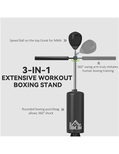 HOMCOM 155-205cm 3-IN-1 Freestanding Boxing Punching Bag Stand, Boxing Speed Trainer with Rotating Flexible Arm, Speed Ball, Fil