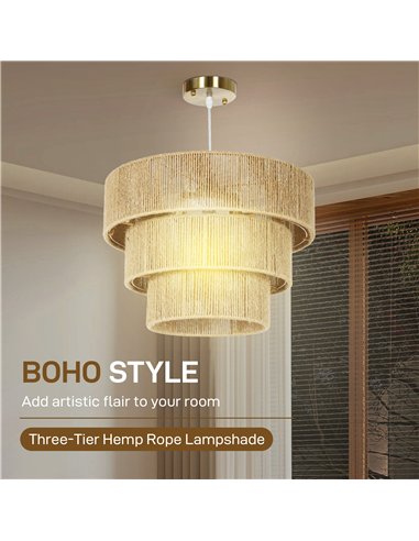 HOMCOM Hemp Rope Ceiling Light, 3-Layer Boho Pendant Light, E14 Vintage Ceiling Lamp Fixtures for Living Room, Bedroom, Kitchen,