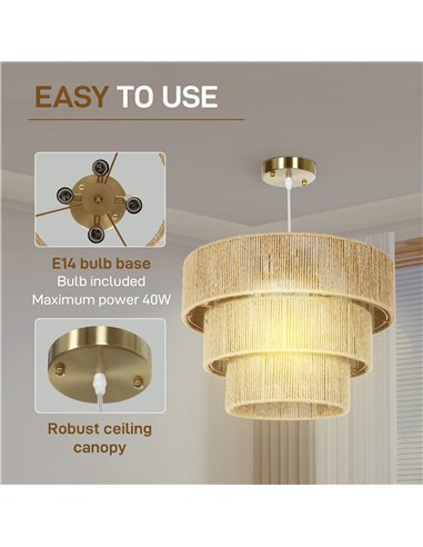HOMCOM Hemp Rope Ceiling Light, 3-Layer Boho Pendant Light, E14 Vintage Ceiling Lamp Fixtures for Living Room, Bedroom, Kitchen,