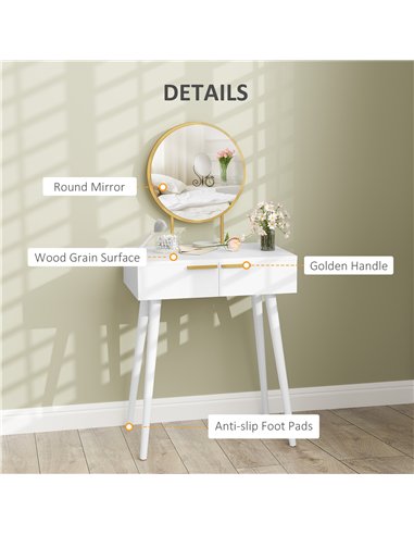 HOMCOM Elegant Dressing Table, with Round Mirror, 60 x 40 x 123 cm - White