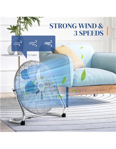 HOMCOM 20 Inches Chrome Metal Floor Fan, High Power 3-Speed Home Gym with Adjustable Head, Portable Desk & Table Fan for Home Of