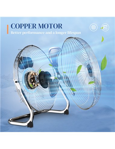 HOMCOM 20 Inches Chrome Metal Floor Fan, High Power 3-Speed Home Gym with Adjustable Head, Portable Desk & Table Fan for Home Of