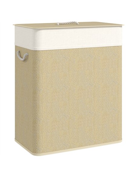 HOMCOM Double Laundry Basket with Lid, 100L Bamboo Laundry Hamper with Rope Handles, Washing Basket with Removable Liner for Bat - pic 161706 | FastDaddyshop