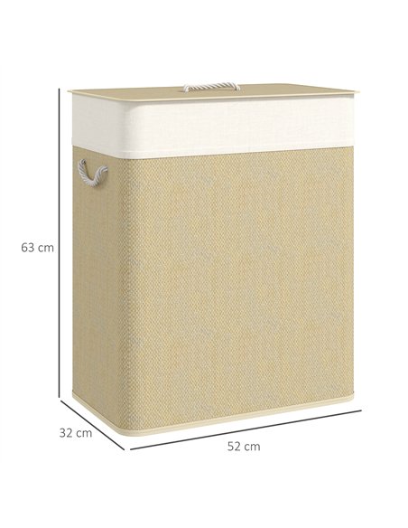 HOMCOM Double Laundry Basket with Lid, 100L Bamboo Laundry Hamper with Rope Handles, Washing Basket with Removable Liner for Bat - pic 161708 | FastDaddyshop