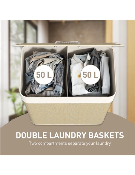 HOMCOM Double Laundry Basket with Lid, 100L Bamboo Laundry Hamper with Rope Handles, Washing Basket with Removable Liner for Bat - pic 161709 | FastDaddyshop