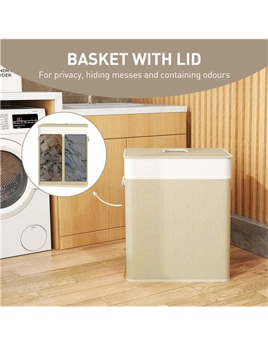 HOMCOM Double Laundry Basket with Lid, 100L Bamboo Laundry Hamper with Rope Handles, Washing Basket with Removable Liner for Bat