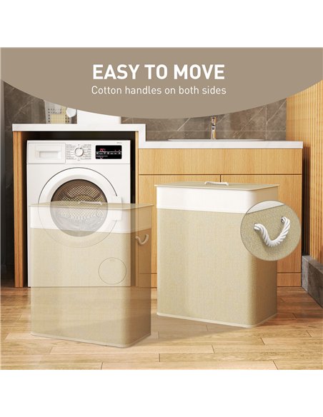 HOMCOM Double Laundry Basket with Lid, 100L Bamboo Laundry Hamper with Rope Handles, Washing Basket with Removable Liner for Bat - pic 161711 | FastDaddyshop